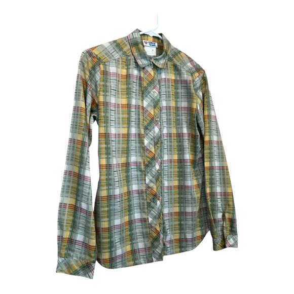 Vintage Plaid Button Up Blouse Shirt Top Retro 70s 80s Neutral - Picture 4 of 6